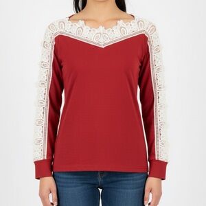 314‎ - Red Long Sleeve Top With white Lace Sleeves - Size S - 100% cotton